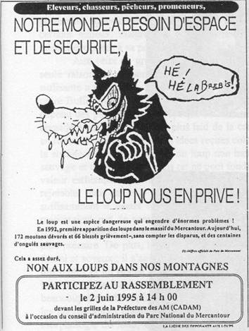Tract de la Ligue des opposants aux loups appelant à manifester à Nice.